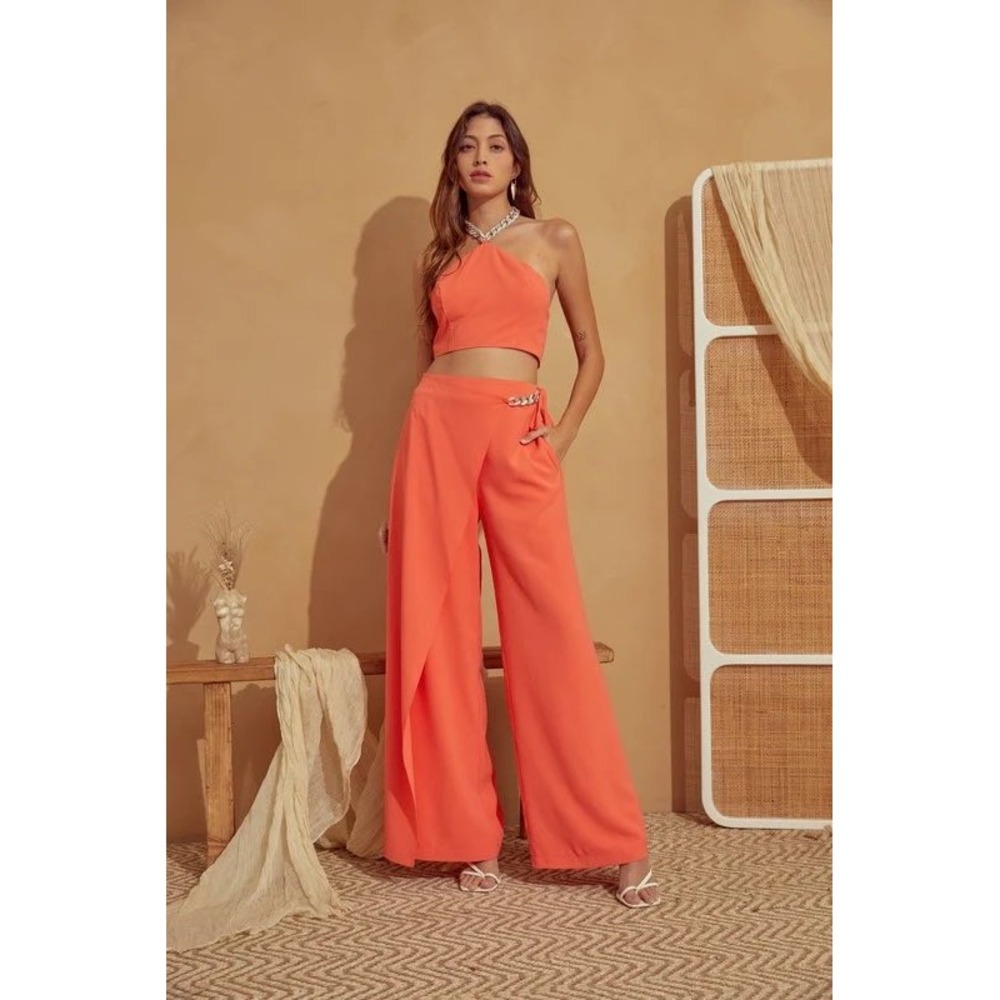 Bacio Coral Two Piece Set Halter Crop Top Wide Leg Wrap Pants S M